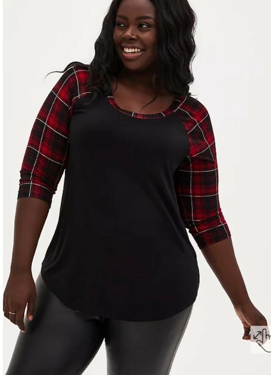 NWT Torrid Plus Size 0 Large RAGLAN TEE - SUPER SOFT BLACK & RED PLAID  SHIRT