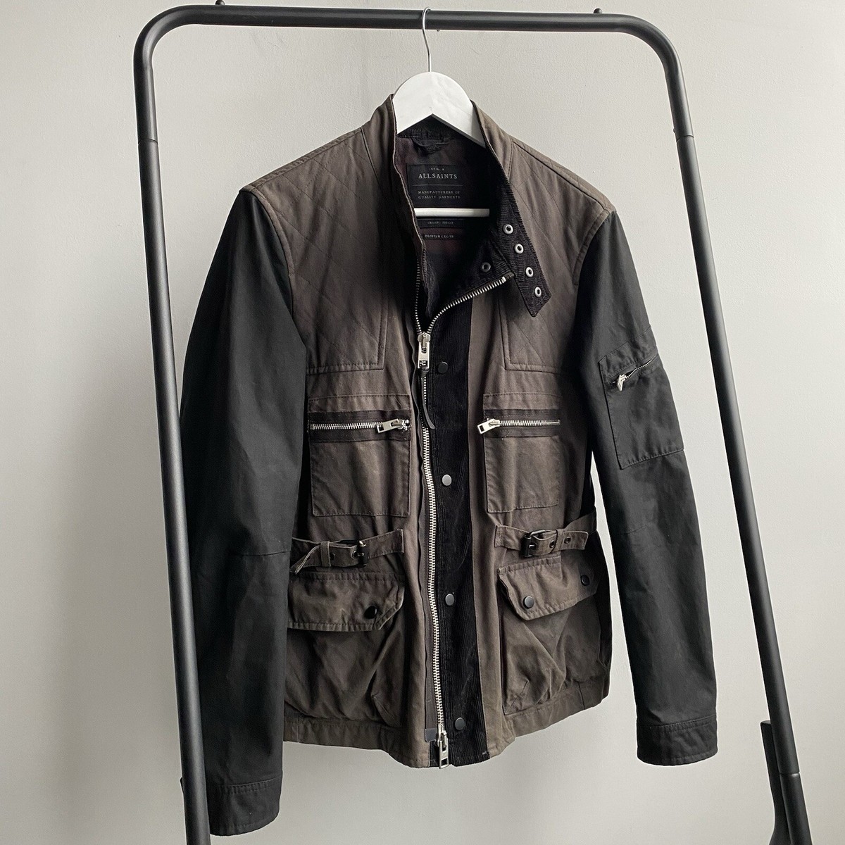 AllSaints Waxed Jacket Mens S Grey Black HAKKODA Full Zip AllSaints Waxed Jacket Mens S Grey Black HAKKODA Full Zip