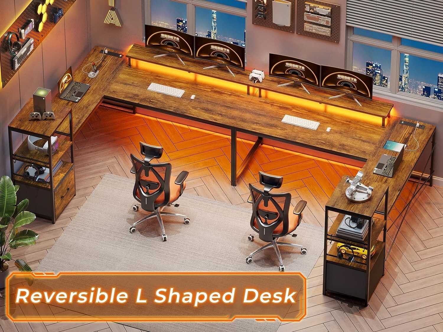 L Shaped Desk, Corner Gaming Desk with Power Outlets&LED Lights Home