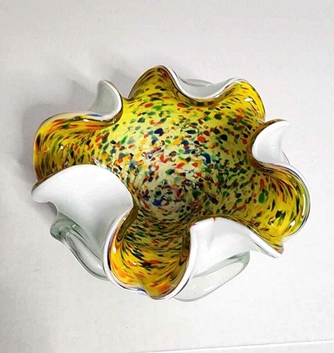 Vintage Italian Murano Art Glass Candy Dish 6"  Yellow/Multi-color