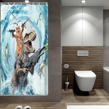 Funny Cat Shower Curtain Set, Cute Cat Riding Dinosaur Theme Ocean Curtains