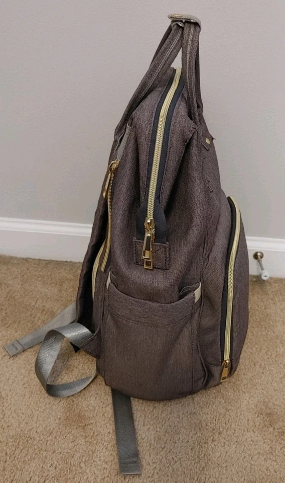 LAND Backpack Diaper Bag Unisex Gray Multi Compartments Zip Travel Canvas Tote - Image 4 of 4