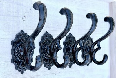 4 Victorian Glossy Black Fleur De Lis Cast Iron Double Wall Hook Coat Towel Hook