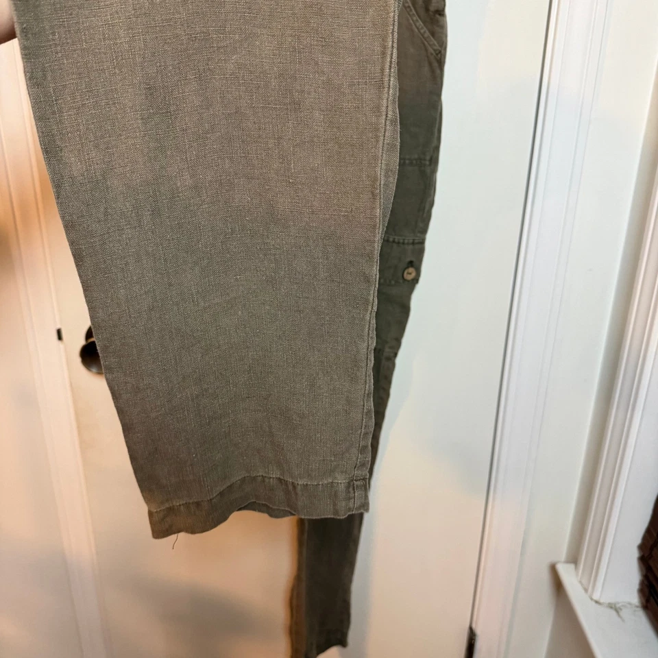 Nicole Miller New York Linen Cargo Overalls Women's Medium Olive Green Wide Leg - Image 3 of 4