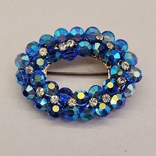 Vintage Rhinestone Brooch AB Blue Oval Wreath 1.75"