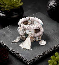 4 PC Handmade Bohemian Beaded Stackable Stretch Bracelet Set New Free Ship 5229