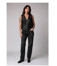 VTG Women's Western Leather Fringe Biker Vest Rose Concho Motorcycle Rock Large