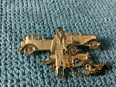 Vintage Brooch Antique Cars Lady Walking Terrier Dog (SBB)