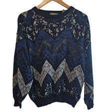 Vintage Cosby Sweater Mens Large Black 90s Geometric Academia Retro Grandpa