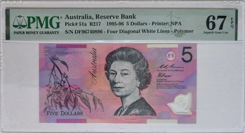 Australien 5 Dollars Polymer 1995-96 PMG 67 EPQ Pick 51a Four Diagonal White Line - Bild 1 von 2