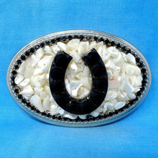 Western Horseshoe Belt Buckle Heavy Rhinestones Shell Lucky Vtg 90s .MMR374