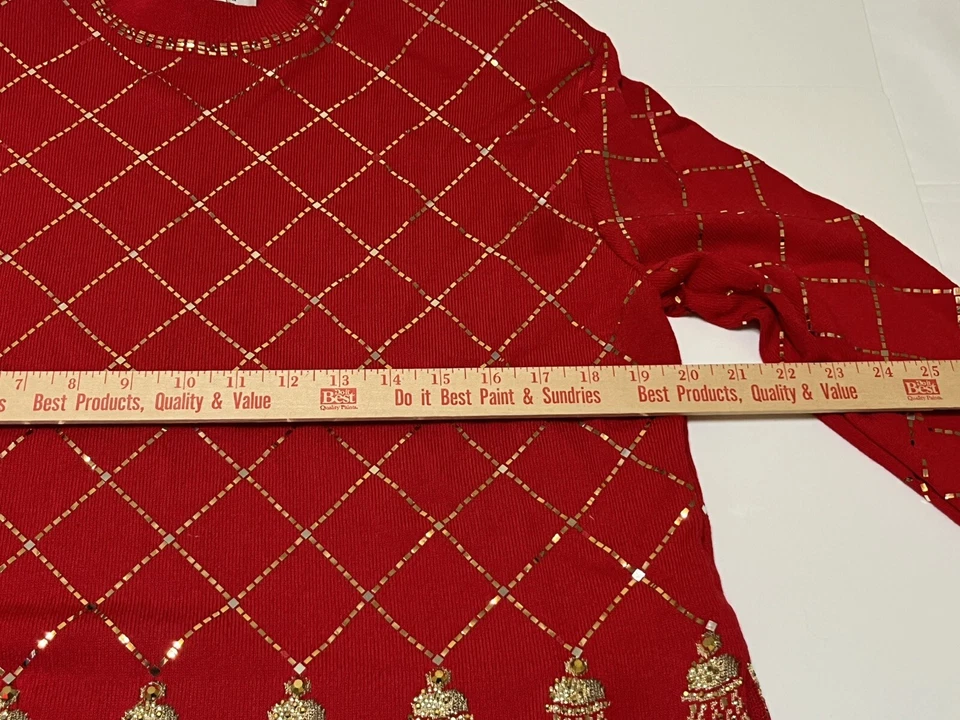 Suéter Top St John Evening Marie Gris Rojo Dorado Estampado Borla Brillante Vacaciones $$$ Foto 4 de 4