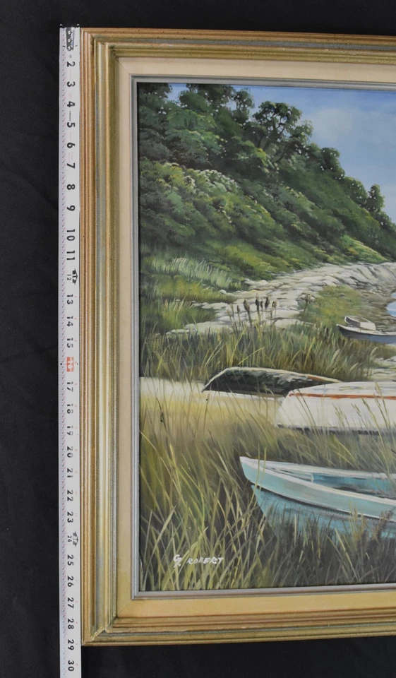 Vtg. G. ROBERT, original oil on canvas painting, fishing boat port, 29" x 41" - Image 4 of 4