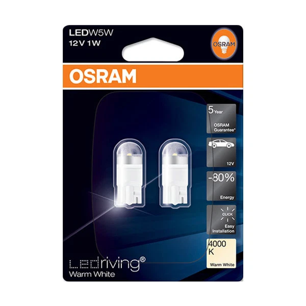 OSRAM LED Wedge Globe Twin Pack T10 12V 1W 4000k Warm White 5 Year