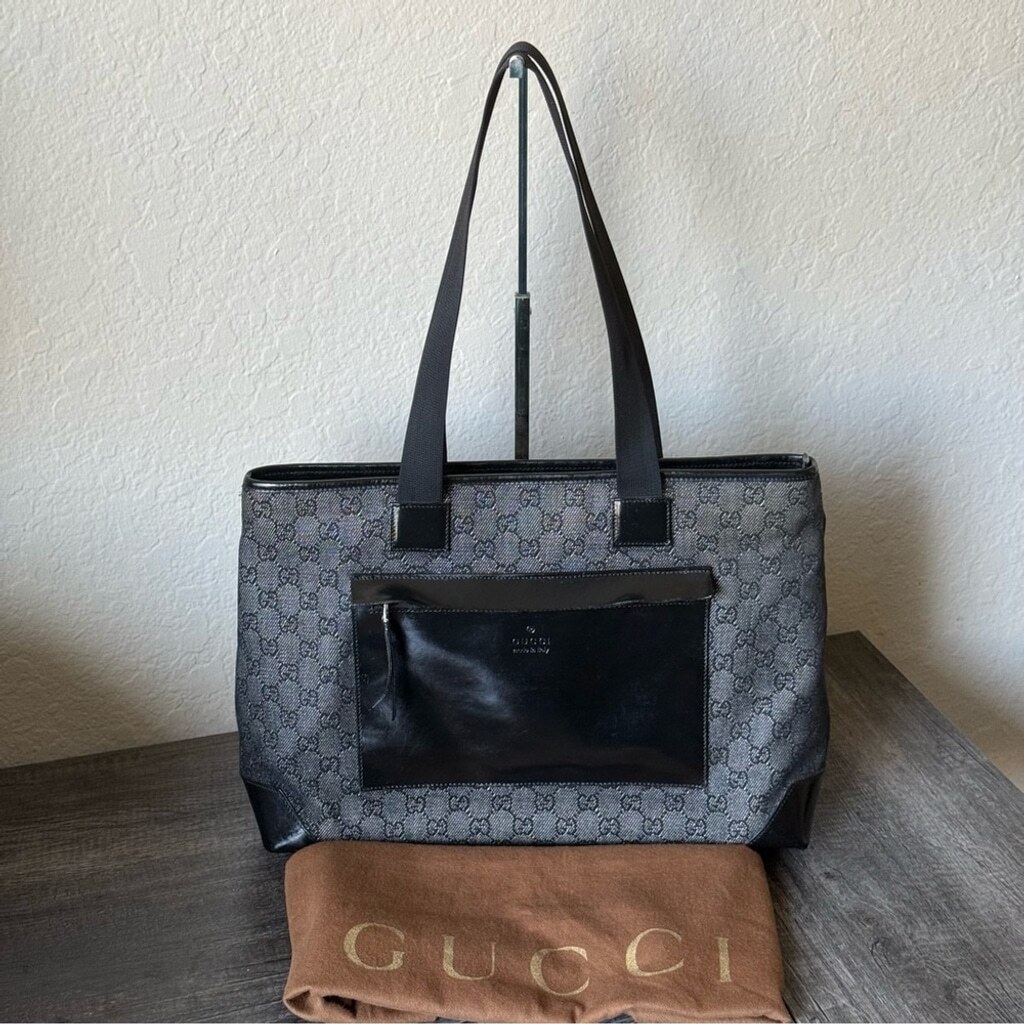 Authentic Gucci Black Denim and Leather Tote Bag