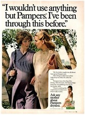 1977 Pampers Diapers Print Ad, Pregnant 70's Women Talking On Walk In Park Baby