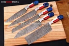 Hand Made Damascus Steel Full Tang Chef Knife Set Dining Set Texas Handle