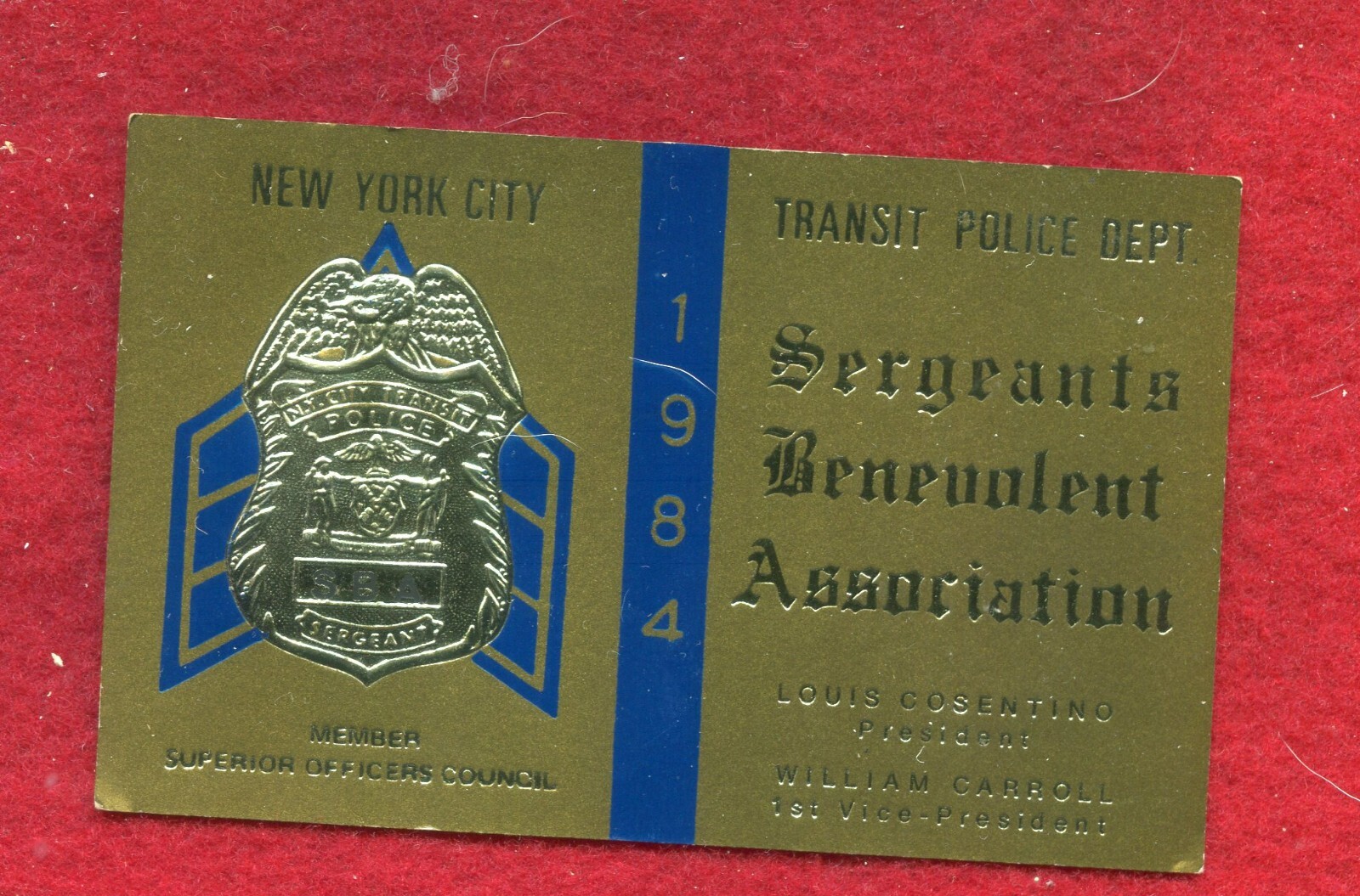 NYPD PBA transit SERGEANT Benevolent Association 1984 Member Card NYPD