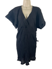 Boohoo women's dress midi size 10 black deep v-neck cotton ruffled hem 
