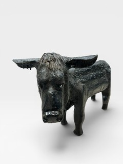 Large Primitive Folk Art Bull Sculpture 20” Hand Carved Wood Black Outsider Art