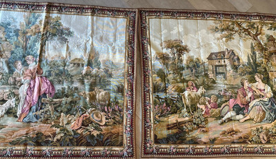 Pair Tapestry Point Genre Gobelins French Flanders 2988  ''Fountain Rest''