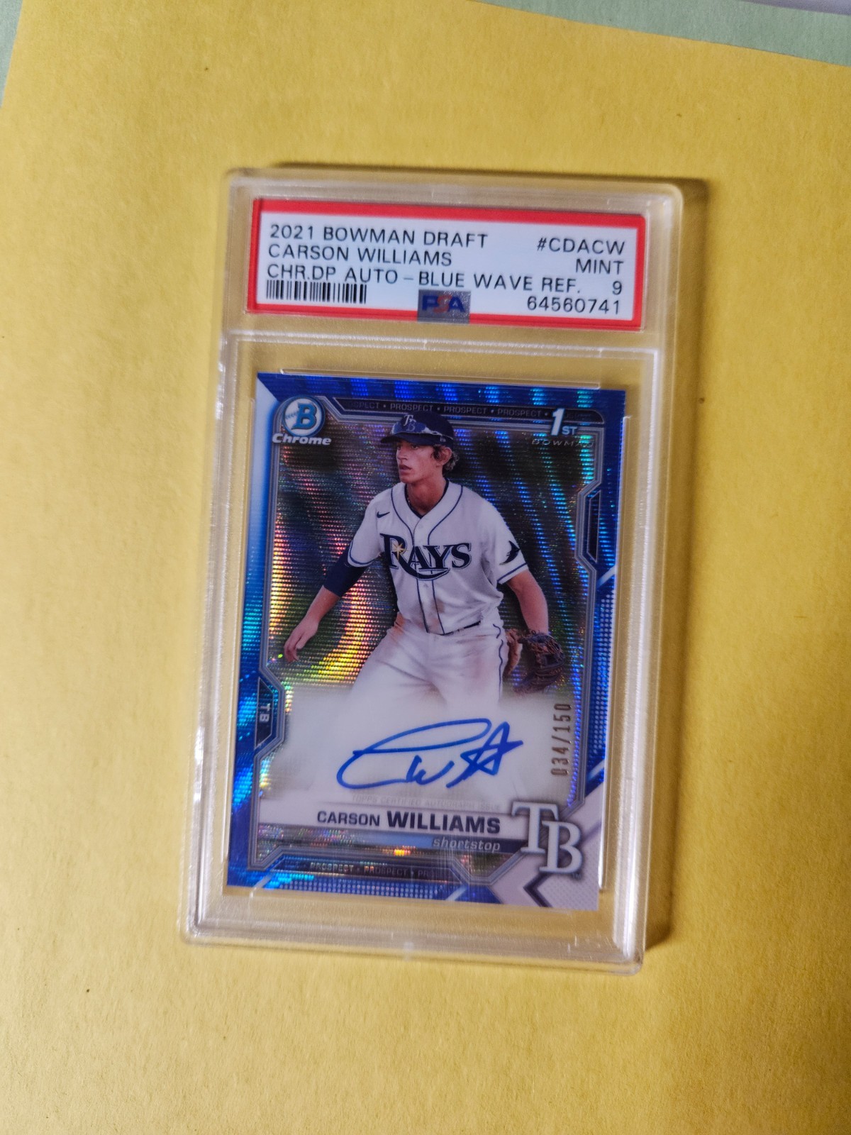 2021 Bowman Draft Carson Williams Chrome Auto 1st Blue Wave RC 034/150 PSA 9