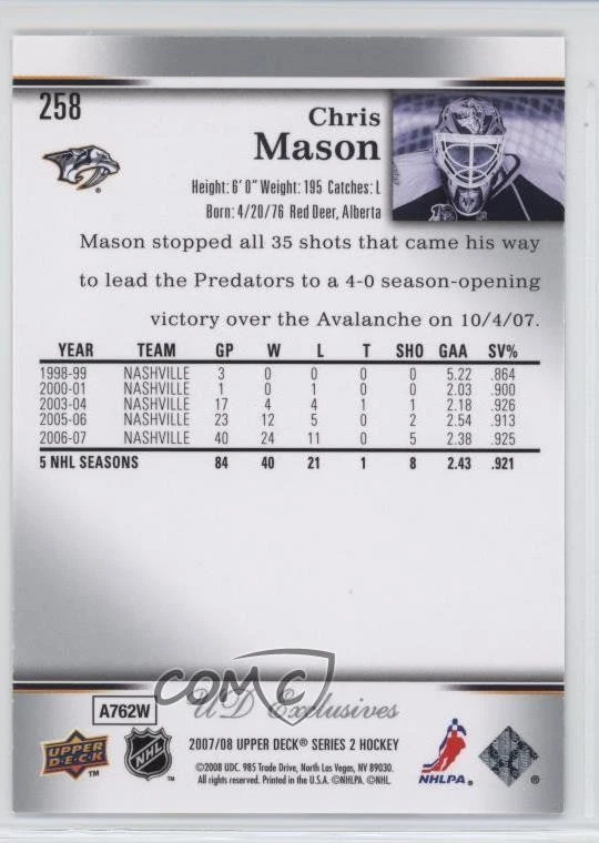 2007-08 Upper Deck UD Exclusives /100 Chris Mason #258 - Image 2 of 2
