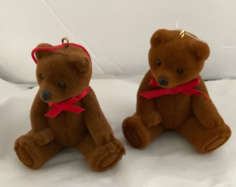 Dept 56 Teddy Bear Ornament brown 2 Flocked Fuzzy Christmas Vintage 2.5"