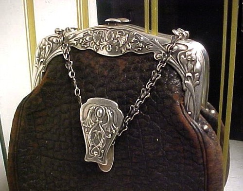 Art Nouveau Lady's Sterling Silver Suede Leather Handbag Purse w Belt Clip