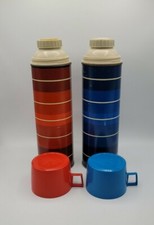 Vintage Thermos Bottles Pair Red & Blue King-Seeley Rare Made in USA