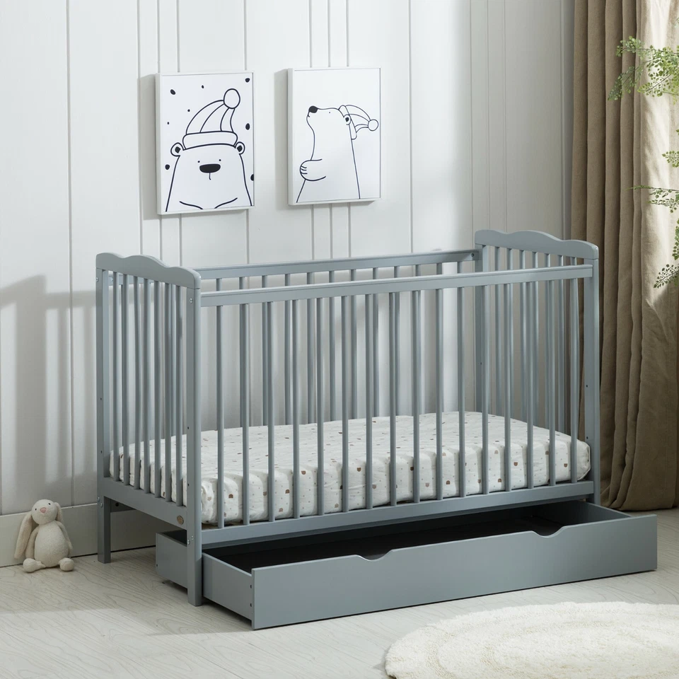 MCC® Grey Brooklyn Baby Cot Crib with Water repellent Mattress & Wheeled Drawer - Image 2 of 4