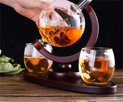 Globe Wine Decanter With Glasses And Wooden Stand Gift For Dad Whisky Bottle