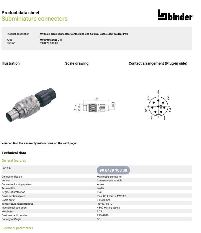 Binder Circular  Connector M9 Plug 8 Pin Male Solder 99 0479 00 08 Series 711 - Image 2 of 4