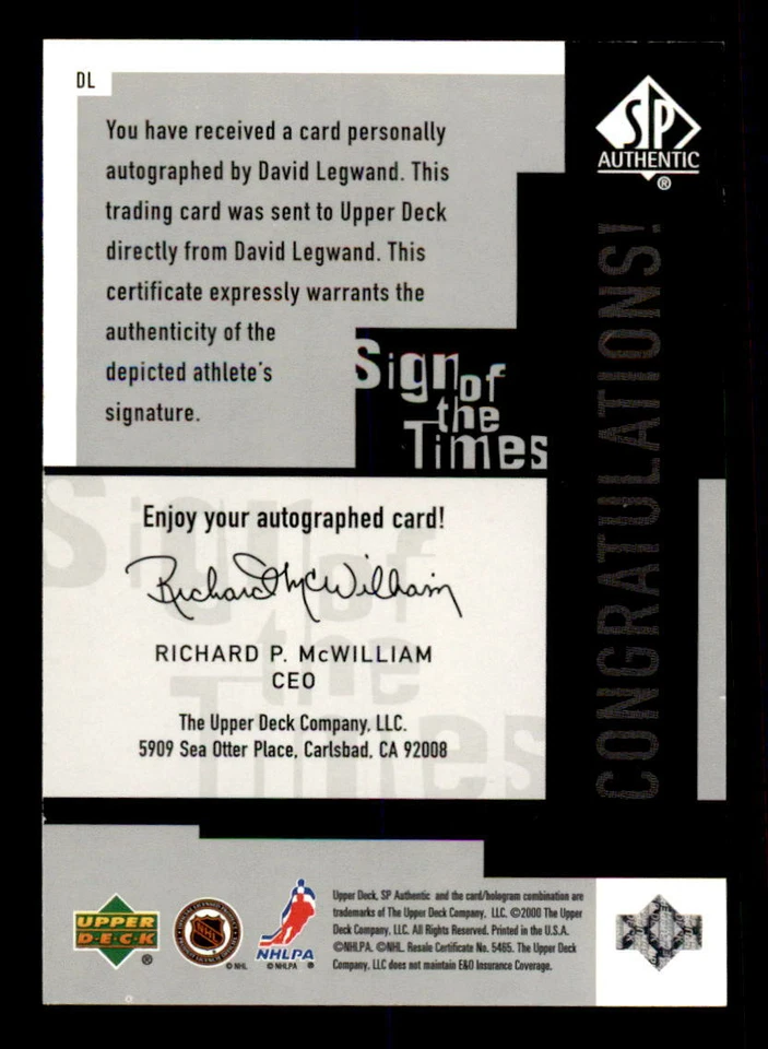 1999-00 SP Authentic Sign of the Times #DL David Legwand Auto (re 38510) - Image 2 of 2
