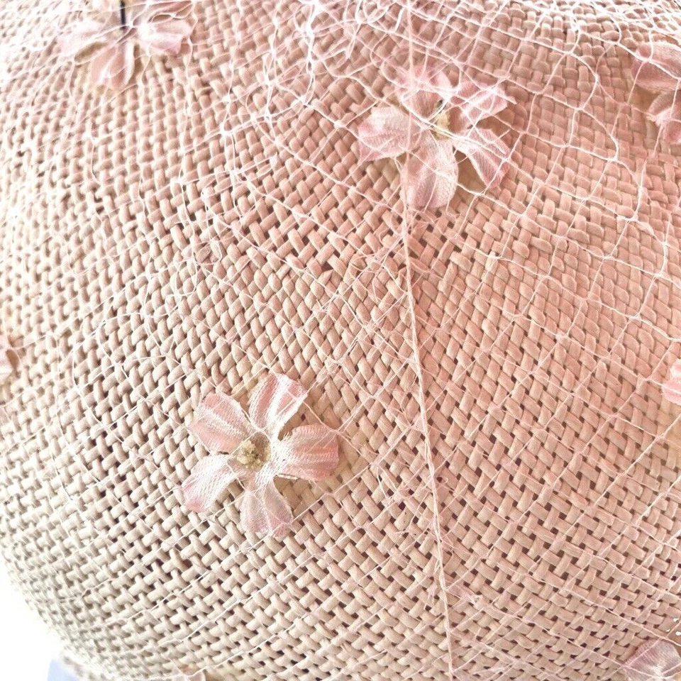VTG 1950s Women's Bubble Straw Flowers Hat Linda Farrell Pink Trims Secretary - Image 4 of 4