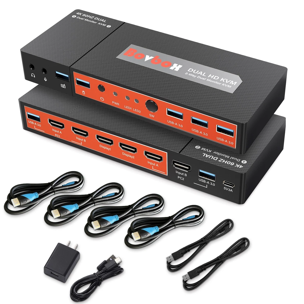 4K 60Hz HDMI KVM Switch Box 2 Laptop PC Dual Monitor Share 1 USB Keyboard Mouse