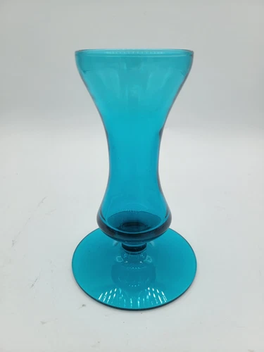 Vtg MCM Viking? Blenko? Bluenique Aqua Blue Glass Footed Candle Holder Bud Vase