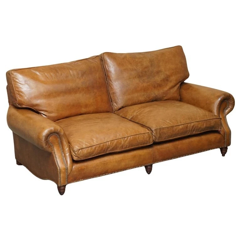 COLLECTABLE TIMOTHY OULTON DESIGNER HERITAGE BROWN LEATHER BALMORAL SOFA