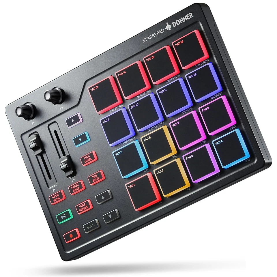 Donner Starrypad MIDI Pad Beat Maker Machine 16 Pad 2 Assignable Fader & Knobs
