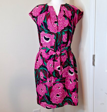 Talbots Pink Floral Chiffon Shift Dress Cap Sleeve Tie Waist Split Neck SP