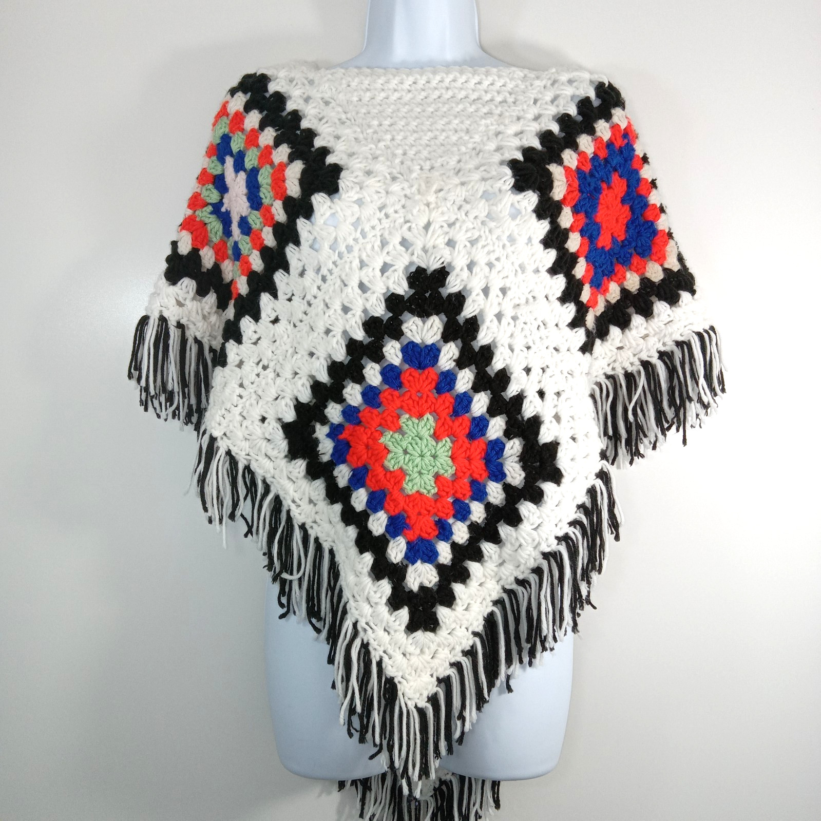 VTG Handmade Crochet Granny Square Poncho Boho Hippie Festival Fringe Shawl M/L