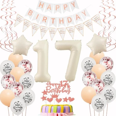 décoration 17 ans anniversaire fille beige or rose ballons 17 ans fille anniv... - Photo 1/4