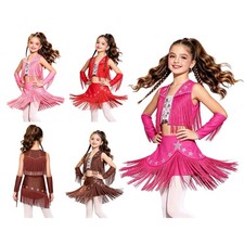 Kids Girls Fringe Gymnastics Jazz Dance Festival Show Vest Skirt Set Party