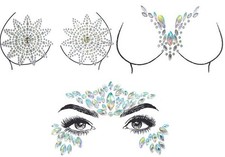 Set of 3 Reusable Rhinestone Body Stickers Pasties Nipple Covers Self Adhesive