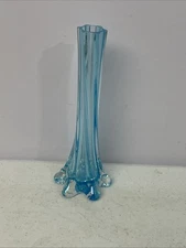 Vtg Narrow Twisted Stemmed Flower Vase w elephant Foot Light Blue Art Glass 8”