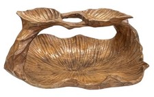 Vintage Burl Wood Hand Basket Carved Wooded Fruit Bowl Leaves On Handle Wear