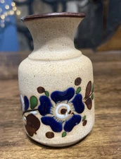 VTG Tonala Mexico Signed Pottery Flowers Blue Hand Painted Vase 4”