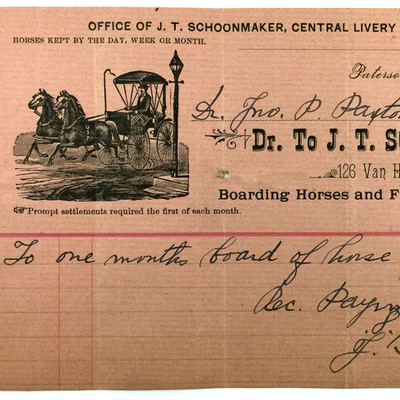 2 Antique Illustrated Billheads J T Schoonmaker Livery And Boarding Paterson NJ