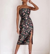 Lulu's Make a Move Black Satin Floral Jacquard Strapless Midi Dress Small NEW