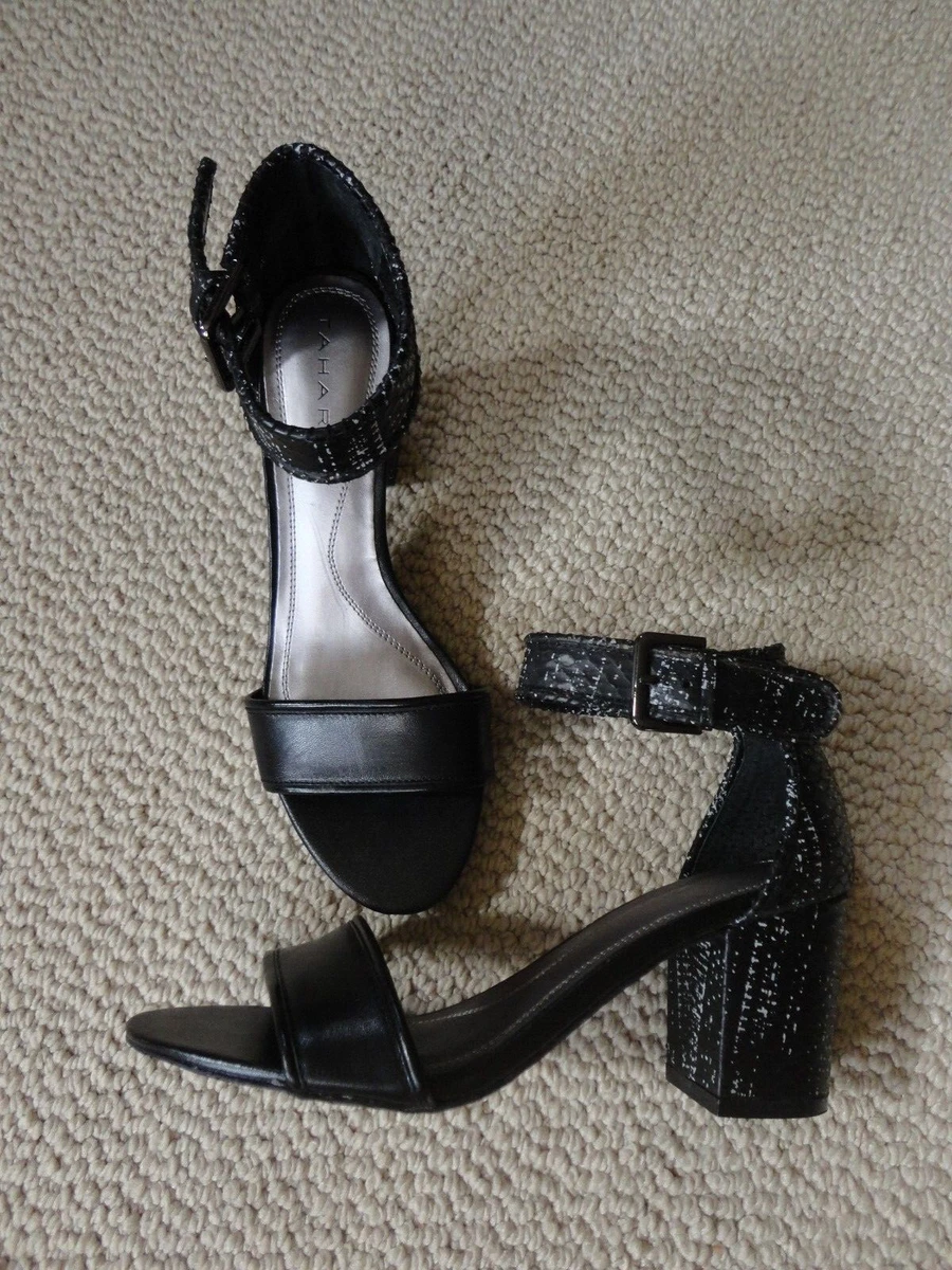 Tahari Adam Ankle Strap Peep Toe Black Snakeskin Leather Sandal